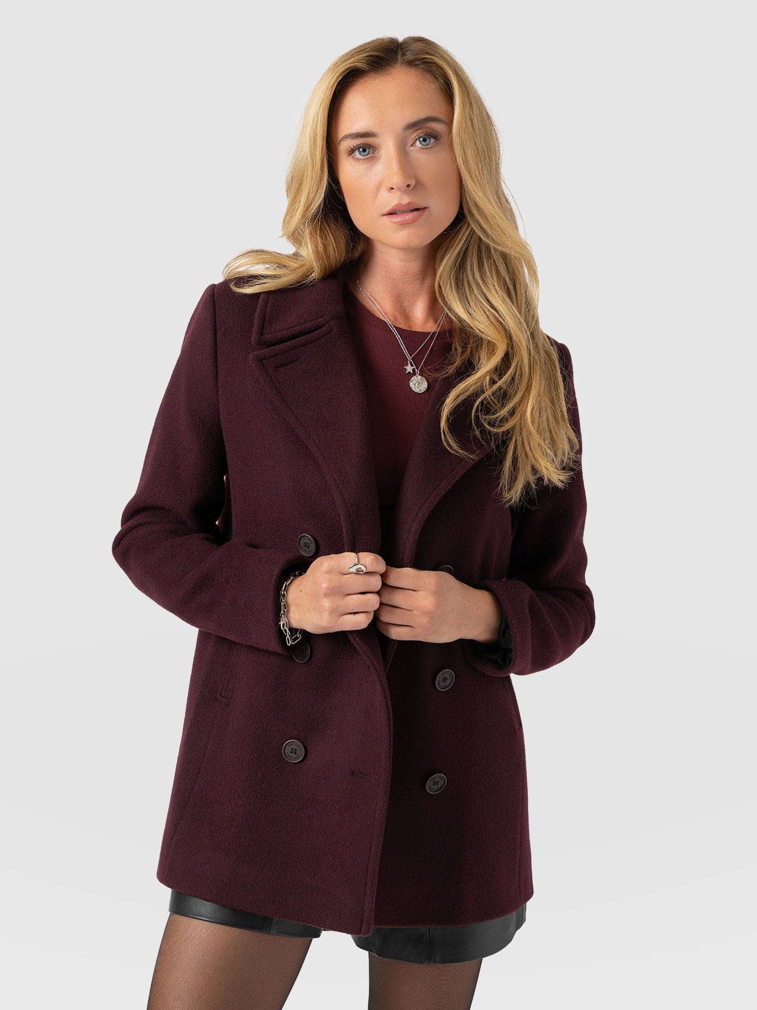 Quinn Pea Coat - Maroon - Women's Outerwears | Saint + Sofia® USA